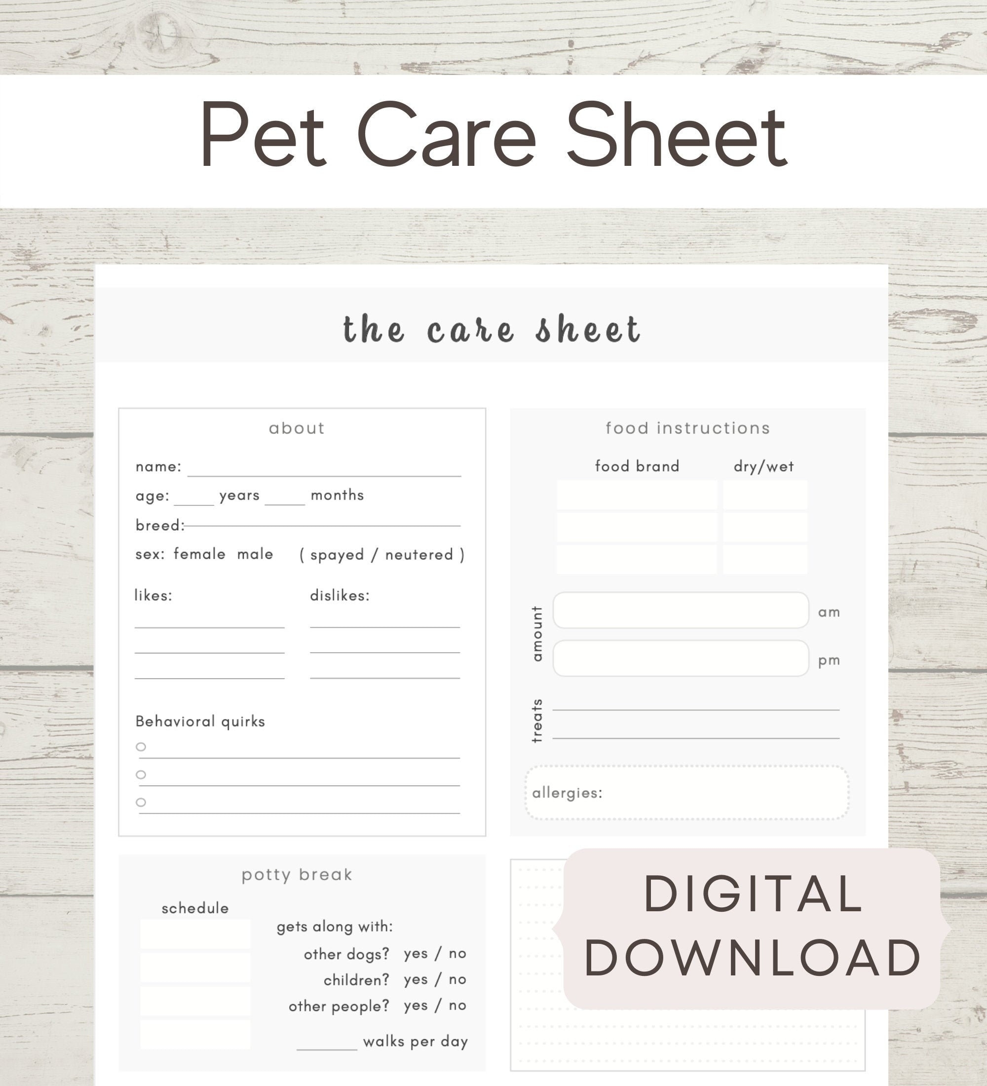 Petsitter Care Sheet Printable Pet Care Pet Info Sheet Etsy UK