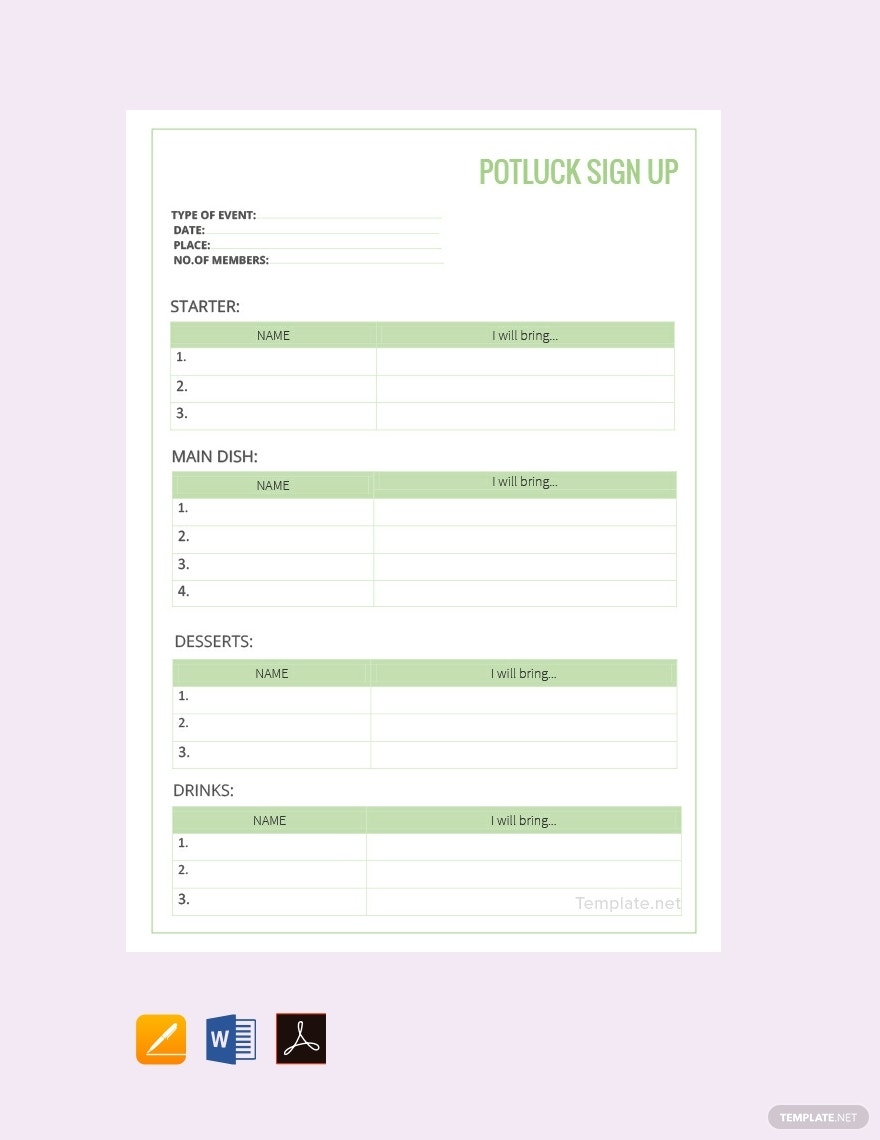 Potluck Sign Up Sheet Template Google Docs Word Apple Pages PDF Template