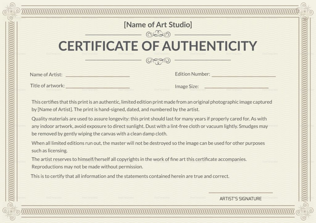 Downloadable Free Printable Certificate Of Authenticity Template