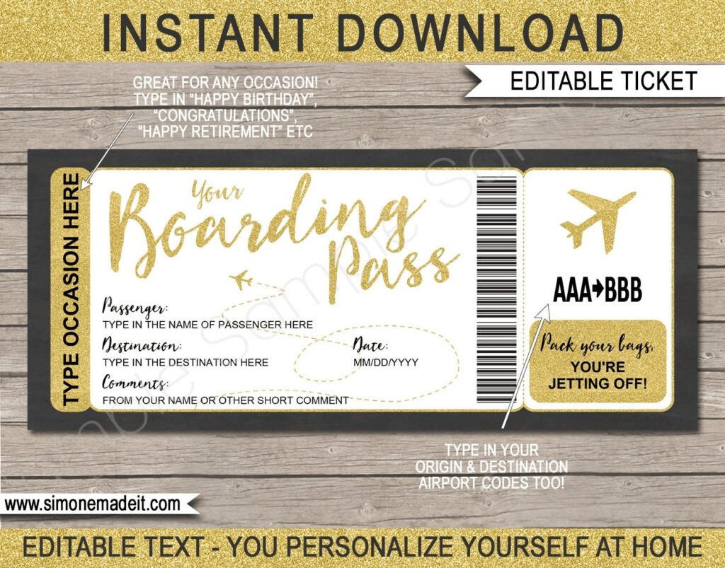 Editable Free Printable Airline Ticket Template For Gift