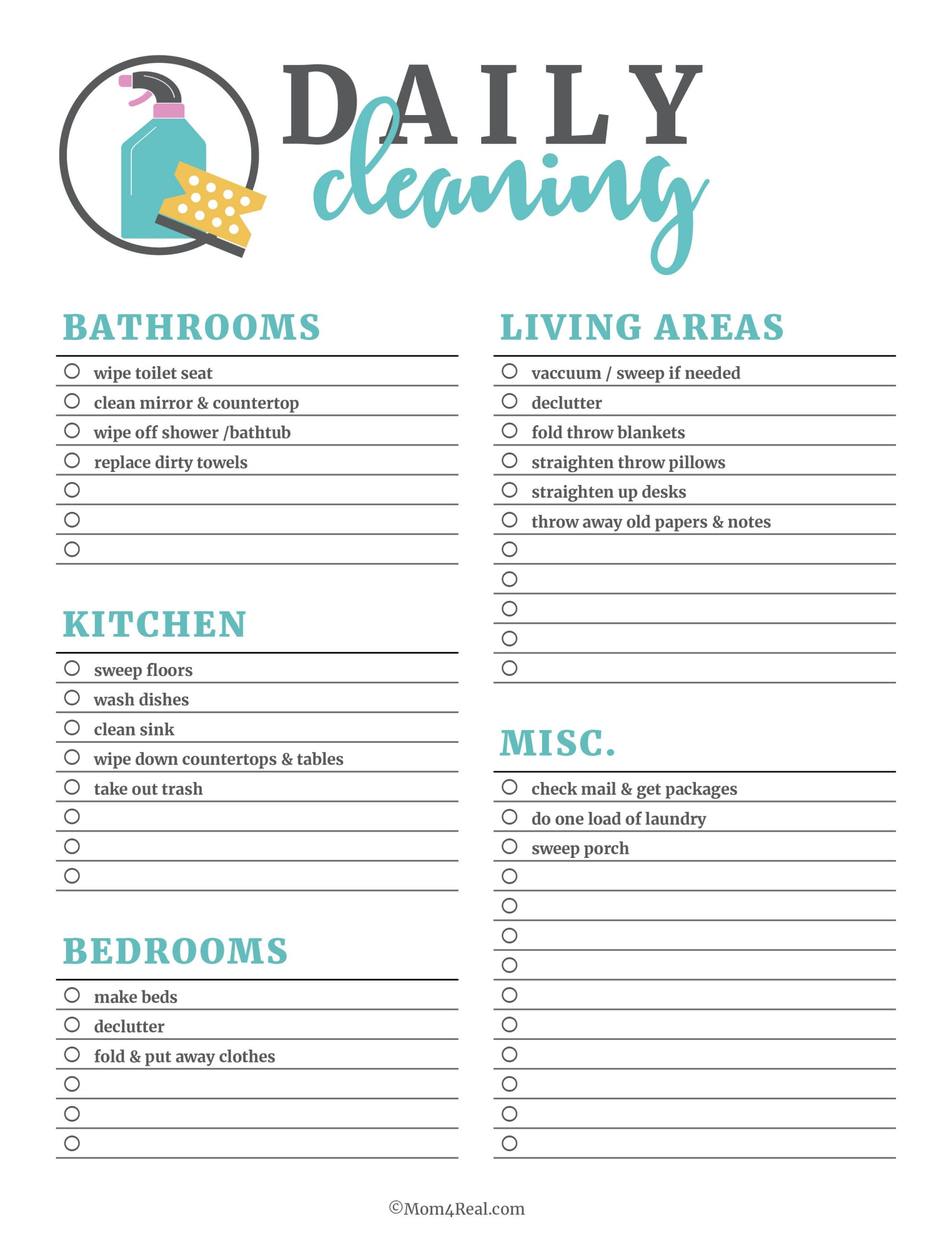 Printable Cleaning Checklists For Daily Weekly And Monthly Cleaning