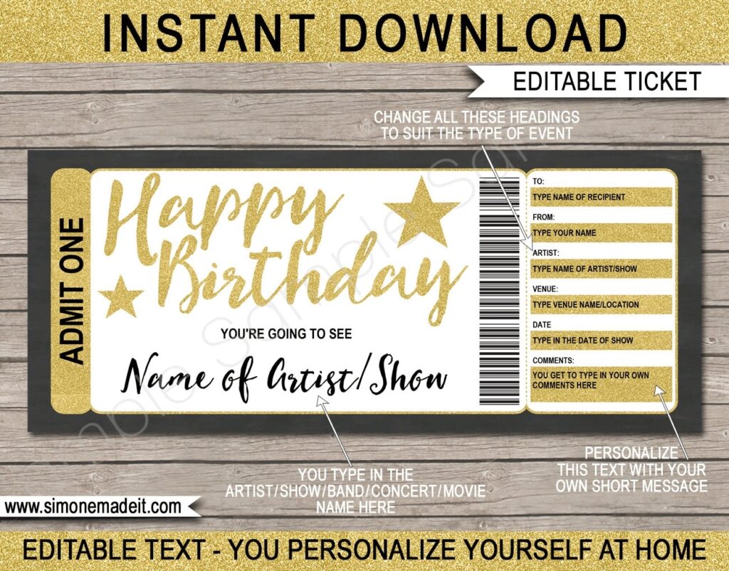 Printable Concert Ticket Template Birthday Gift Voucher Etsy de