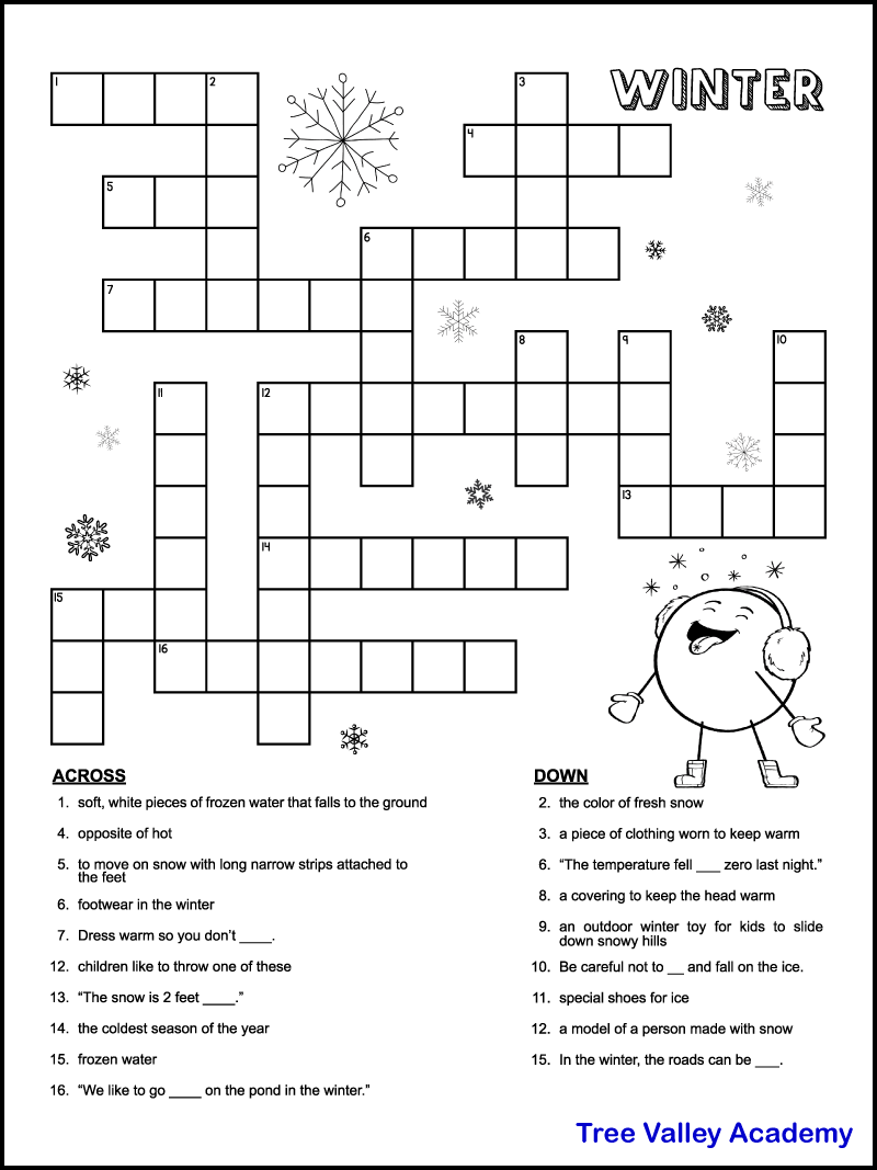 Printable Winter Crossword Puzzles For Kids Tree Valley Academy