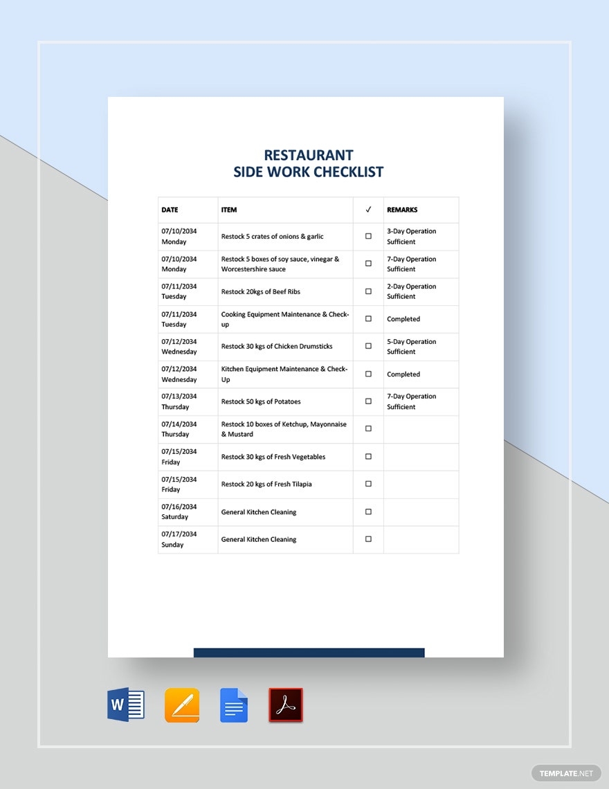 Restaurant Checklist Templates Documents Design Free Download Template