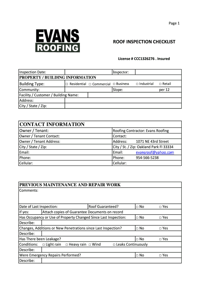 Printable Roof Inspection Form Template