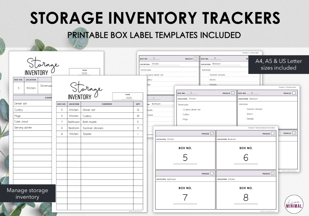 Storage Inventory Trackers Printable Storage Box Labels Instant Download Live Minimal