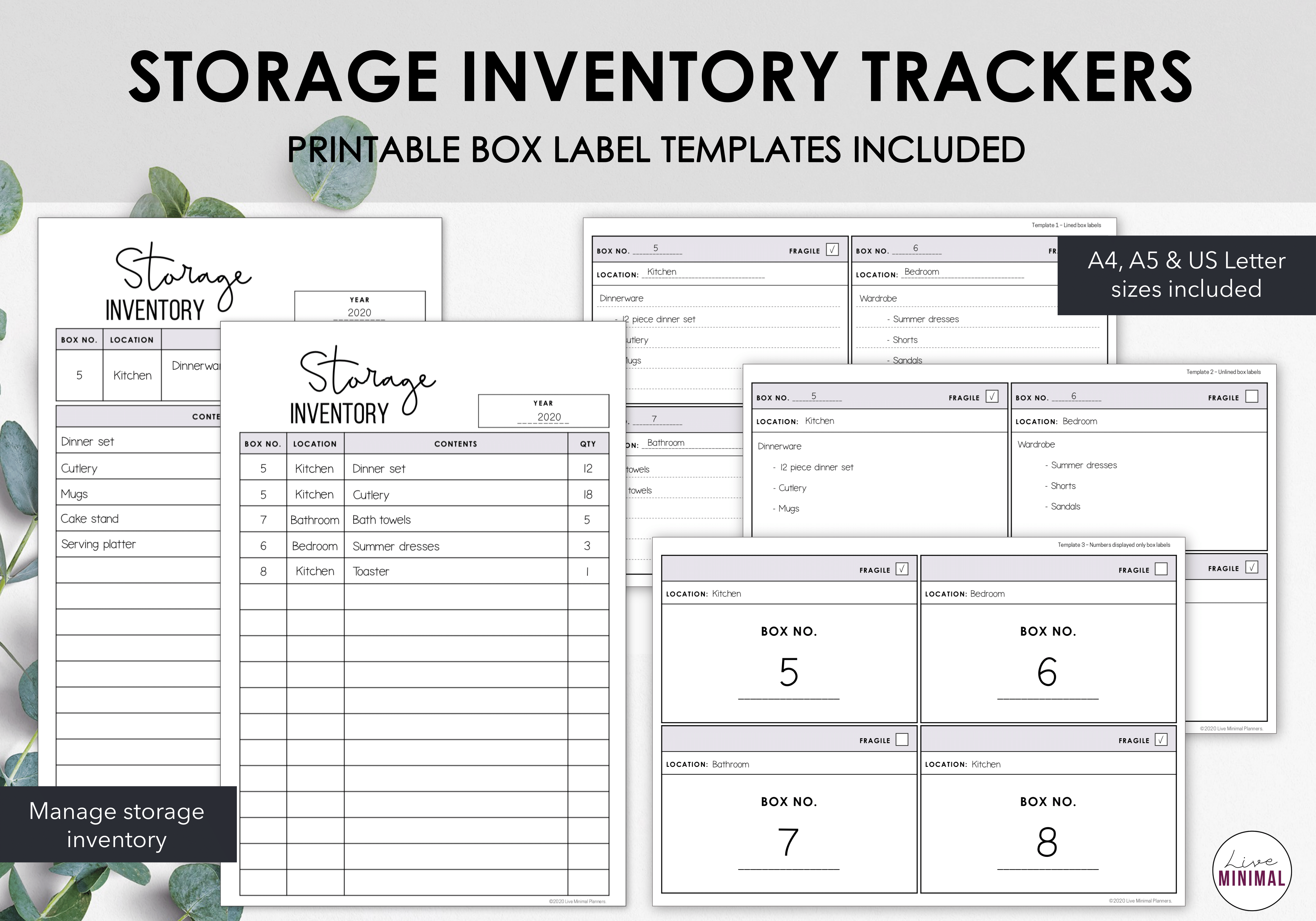 Storage Inventory Trackers Printable Storage Box Labels Instant Download Live Minimal