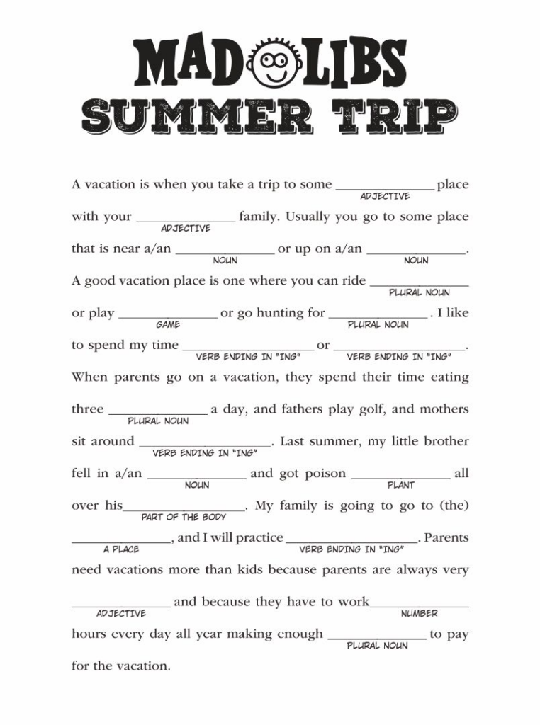 Mad Libs For Kids For High School Printable