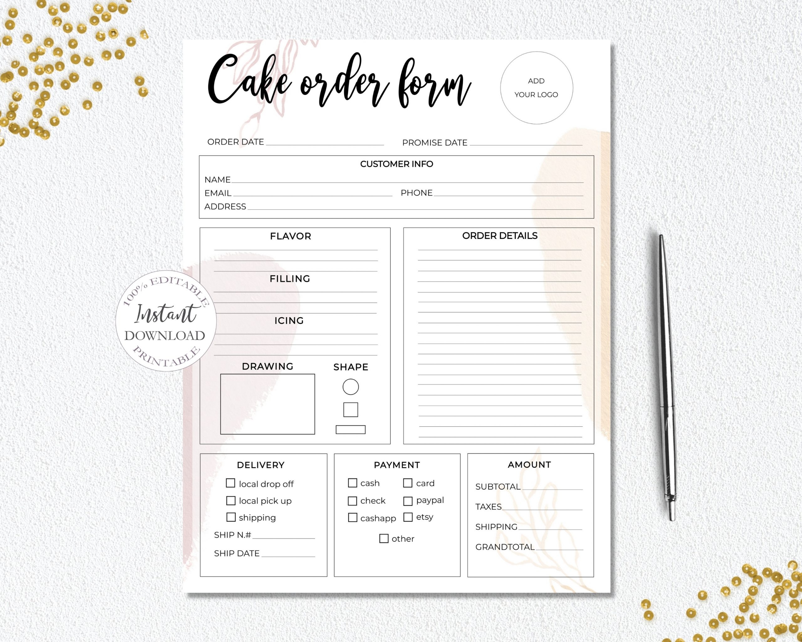 SunRayArt Designs Cake Order Form Editable Template