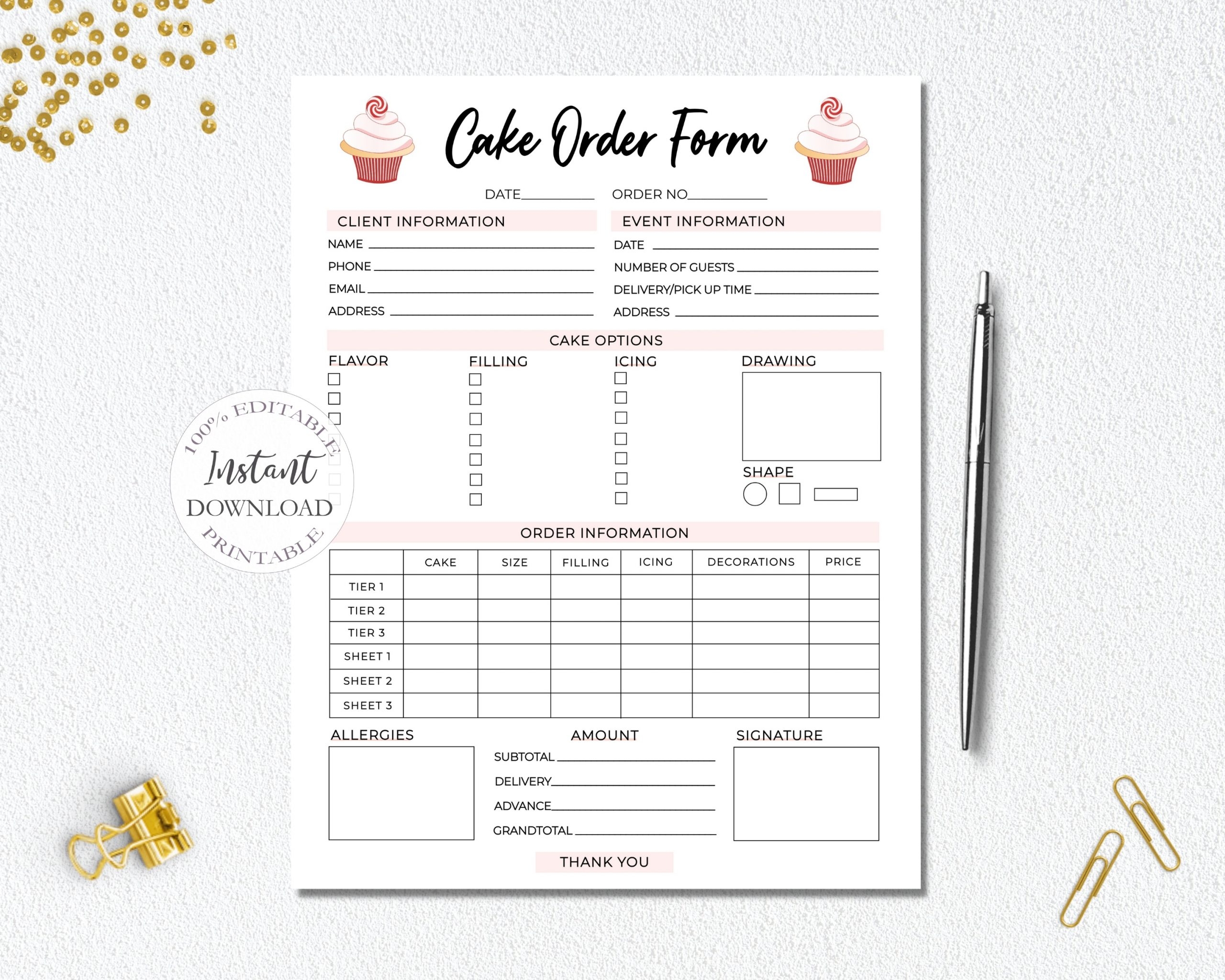 SunRayArt Designs Cake Order Form Editable