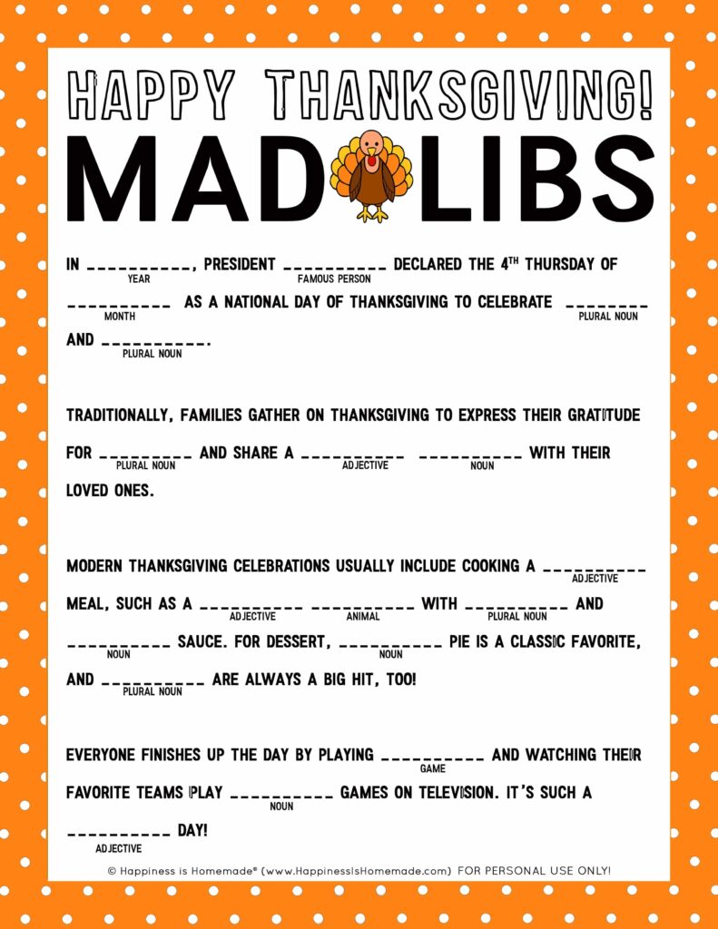 Thanksgiving Mad Libs For Kids Printable