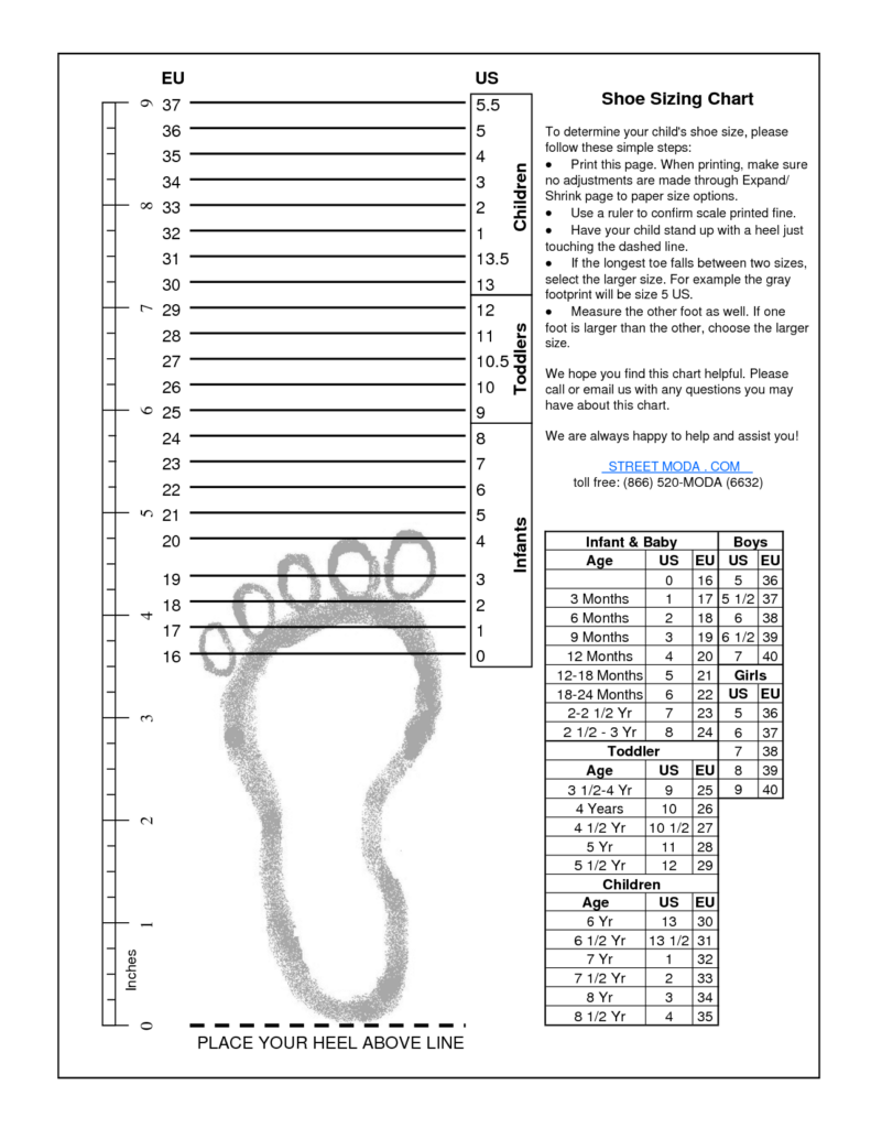 Printable Shoe Size Chart Kids