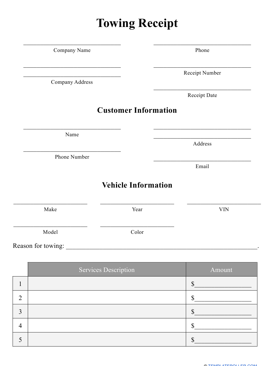 Towing Receipt Template Download Printable PDF Templateroller