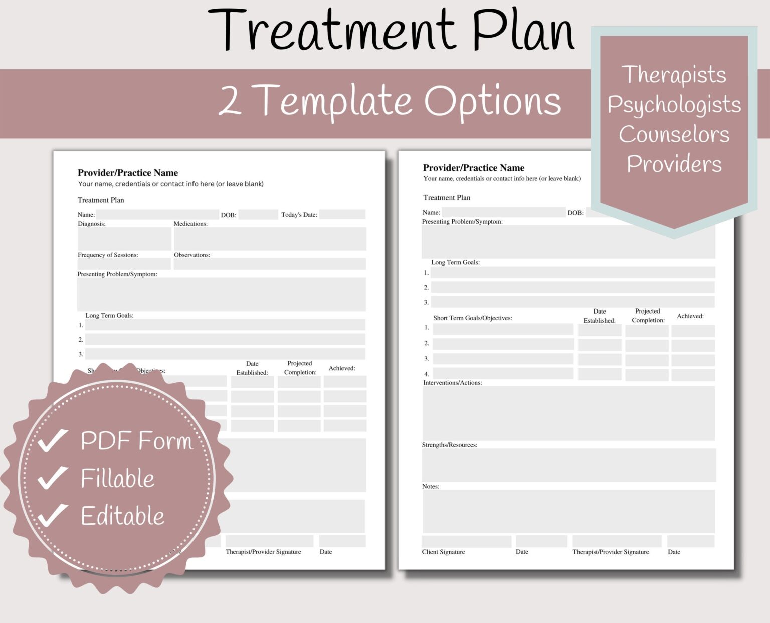 Treatment Plan Template For Therapists Printable Fillable Etsy De ...