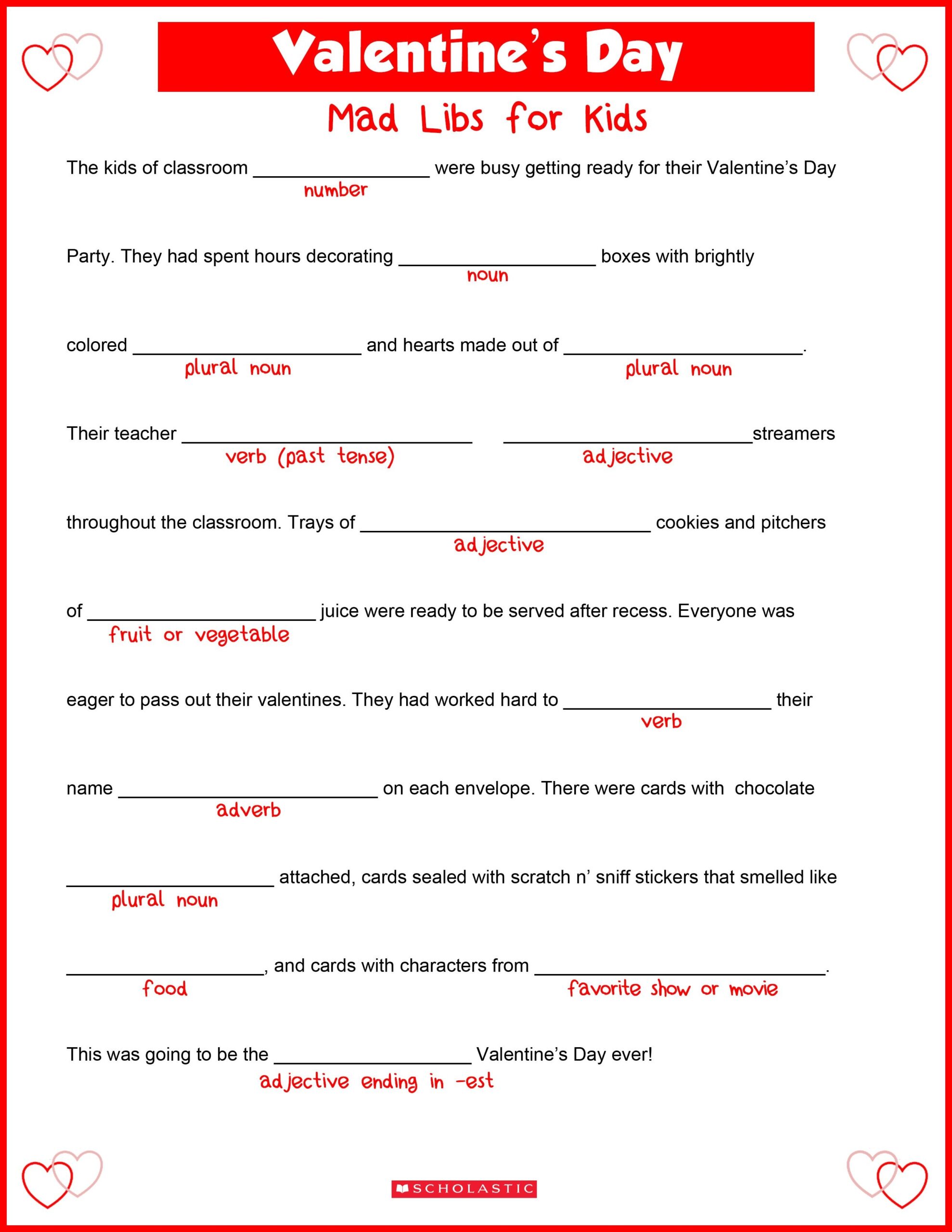 Valentine s Day Mad Libs Activity For Kids Valentines Day Words Valentines School Valentine Activities