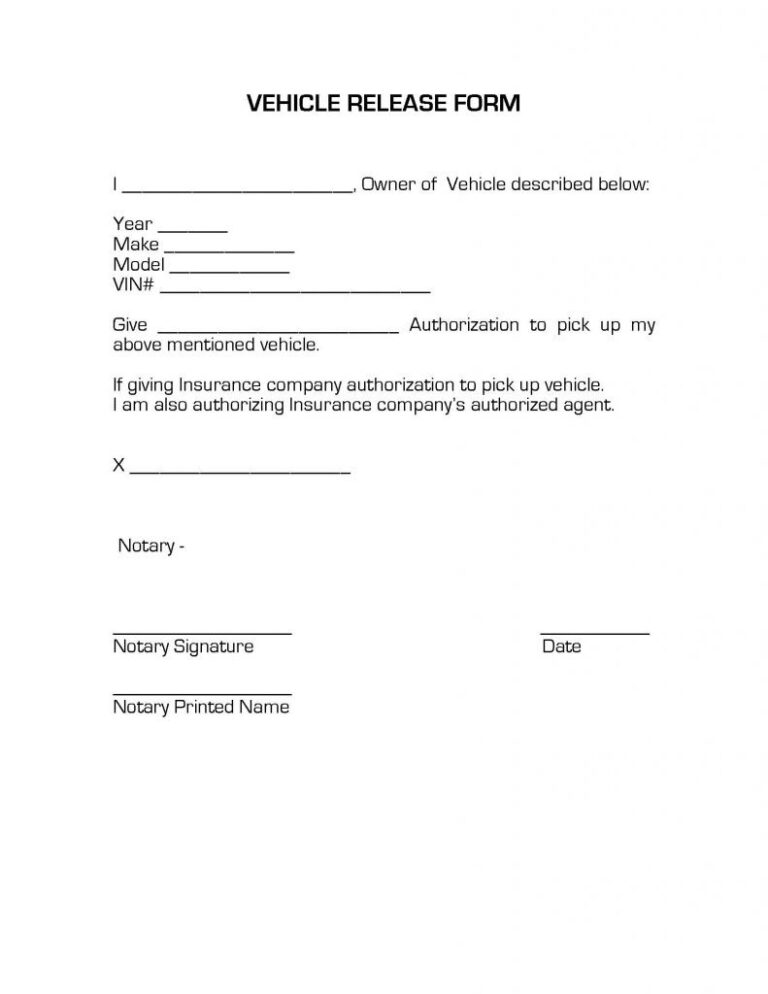 Printable Vehicle Release Form Template - Fillable Form 2023