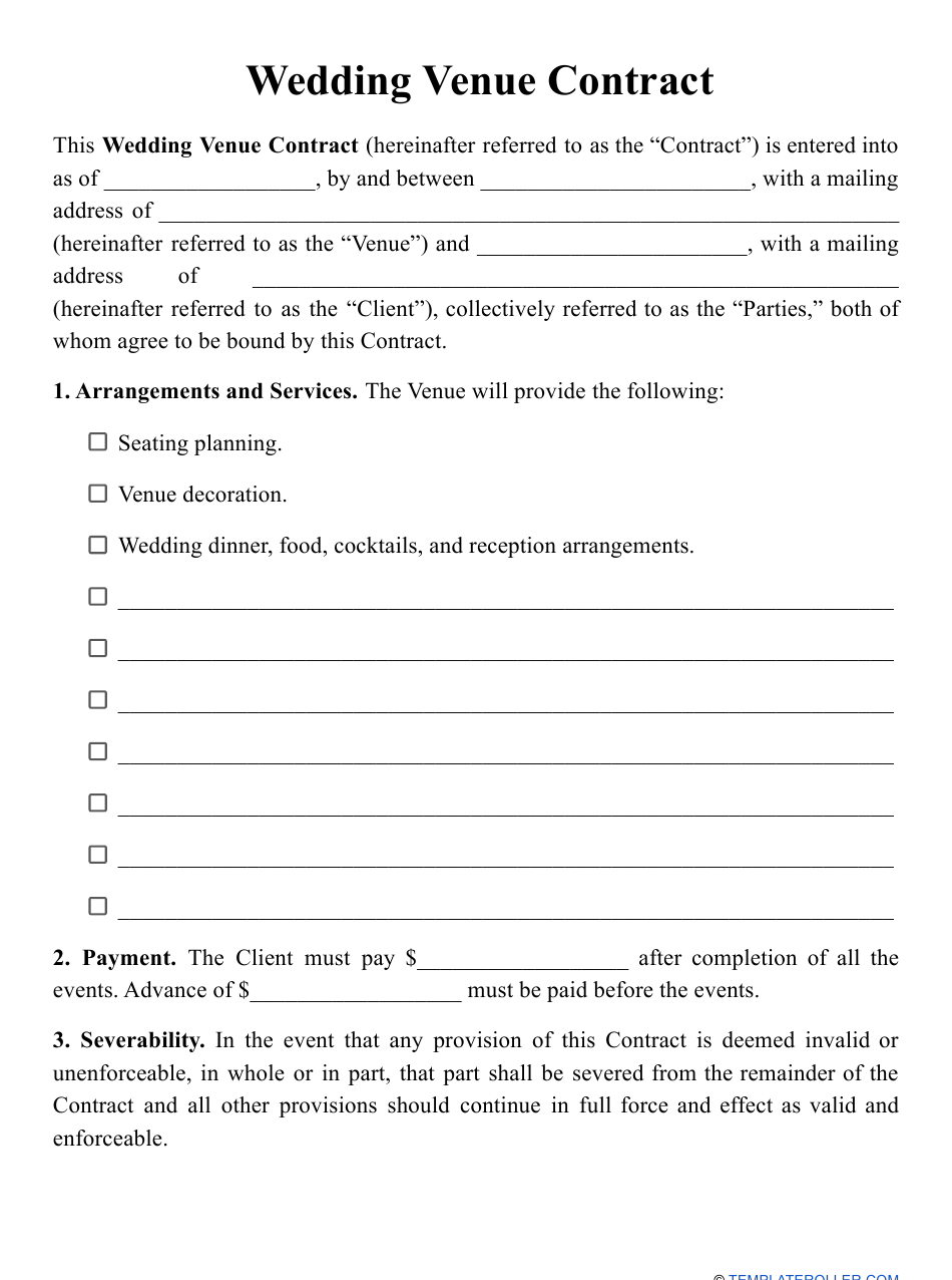 Wedding Venue Contract Template Download Printable PDF Templateroller