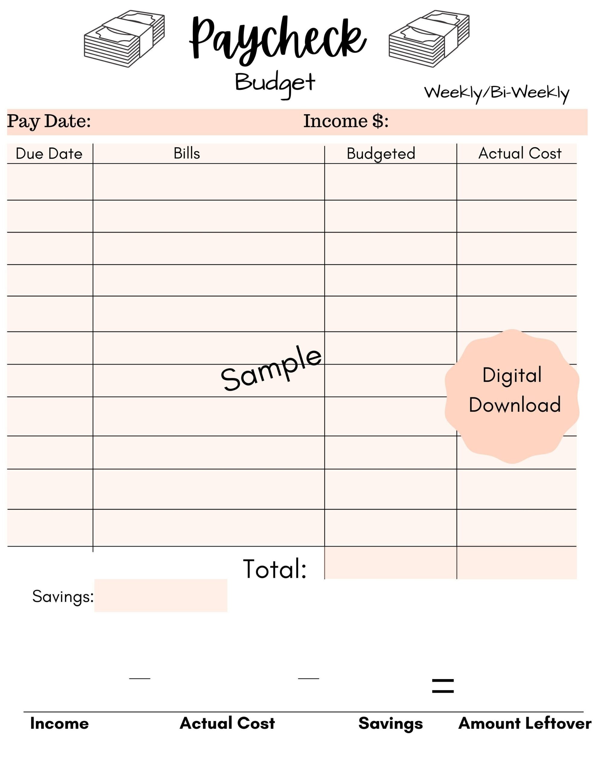 Weekly Bi Weekly Paycheck Budget Template Printable Digital Etsy de