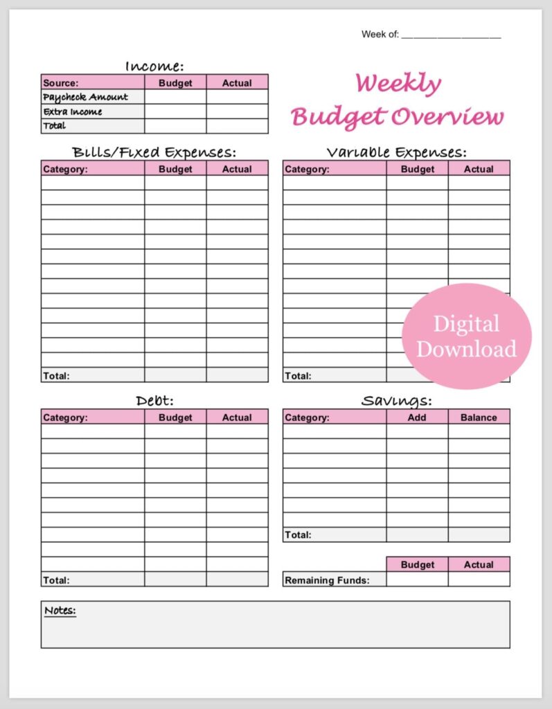 Printable Weekly Paycheck Budget Template