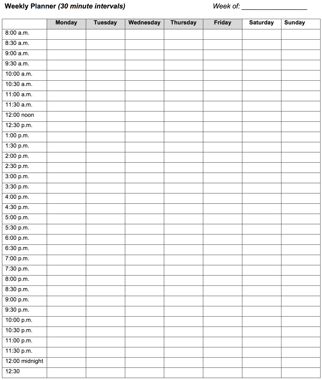 Weekly Planner 30 Minute Intervals Learning Center - Fillable Form 2023