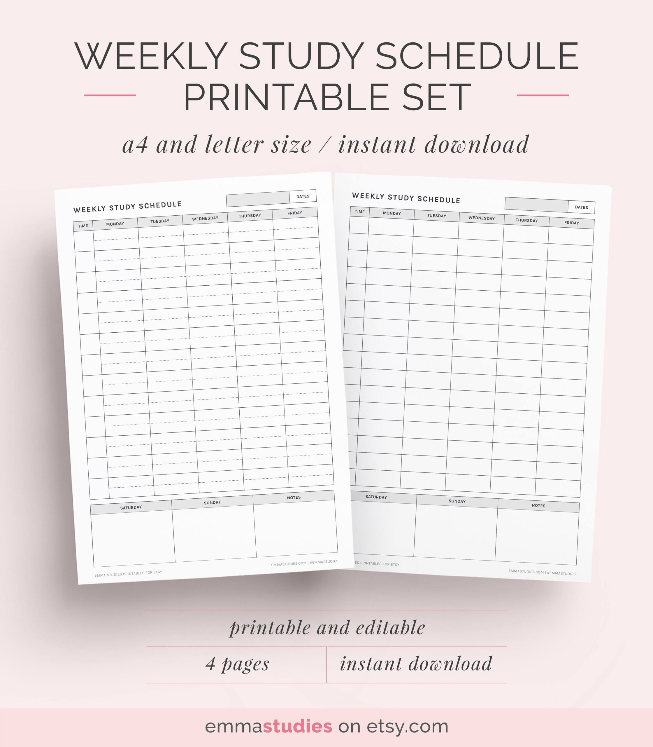 Weekly Study Schedule Printable Set Student Planner Agenda Etsy de