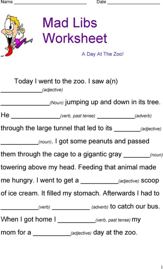 Mad Libs For Kids Printable With Nouns Adjectives Verbs