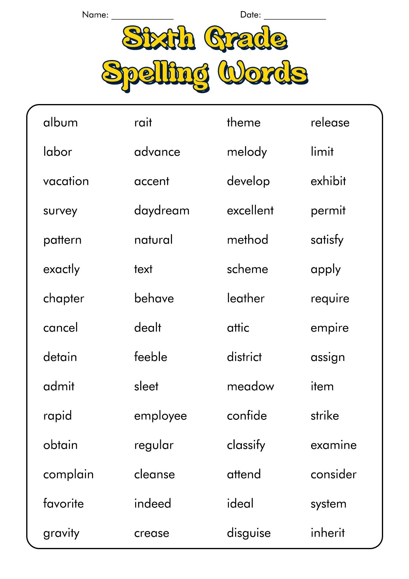 6Th Grade Spelling Words Printable