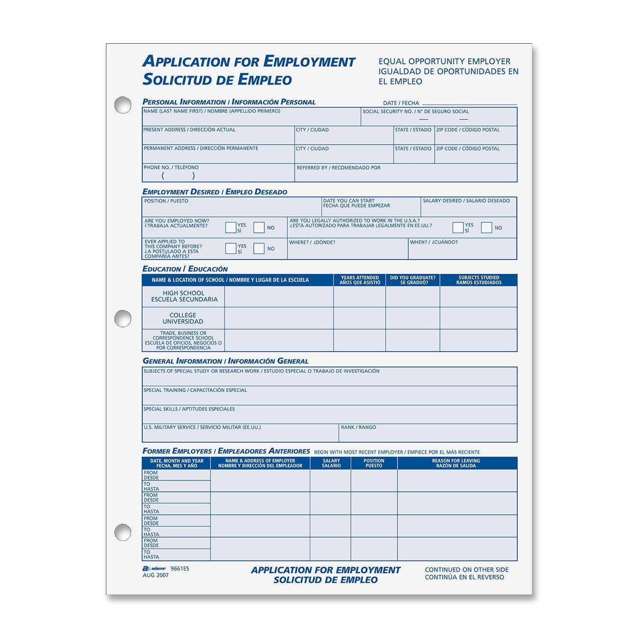 Printable Job Application In Spanish