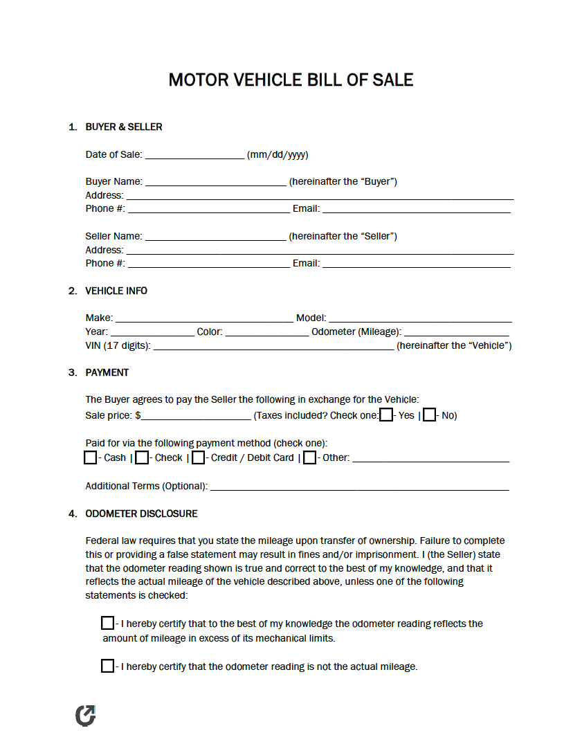 Printable Vehicle Bill Of Sale