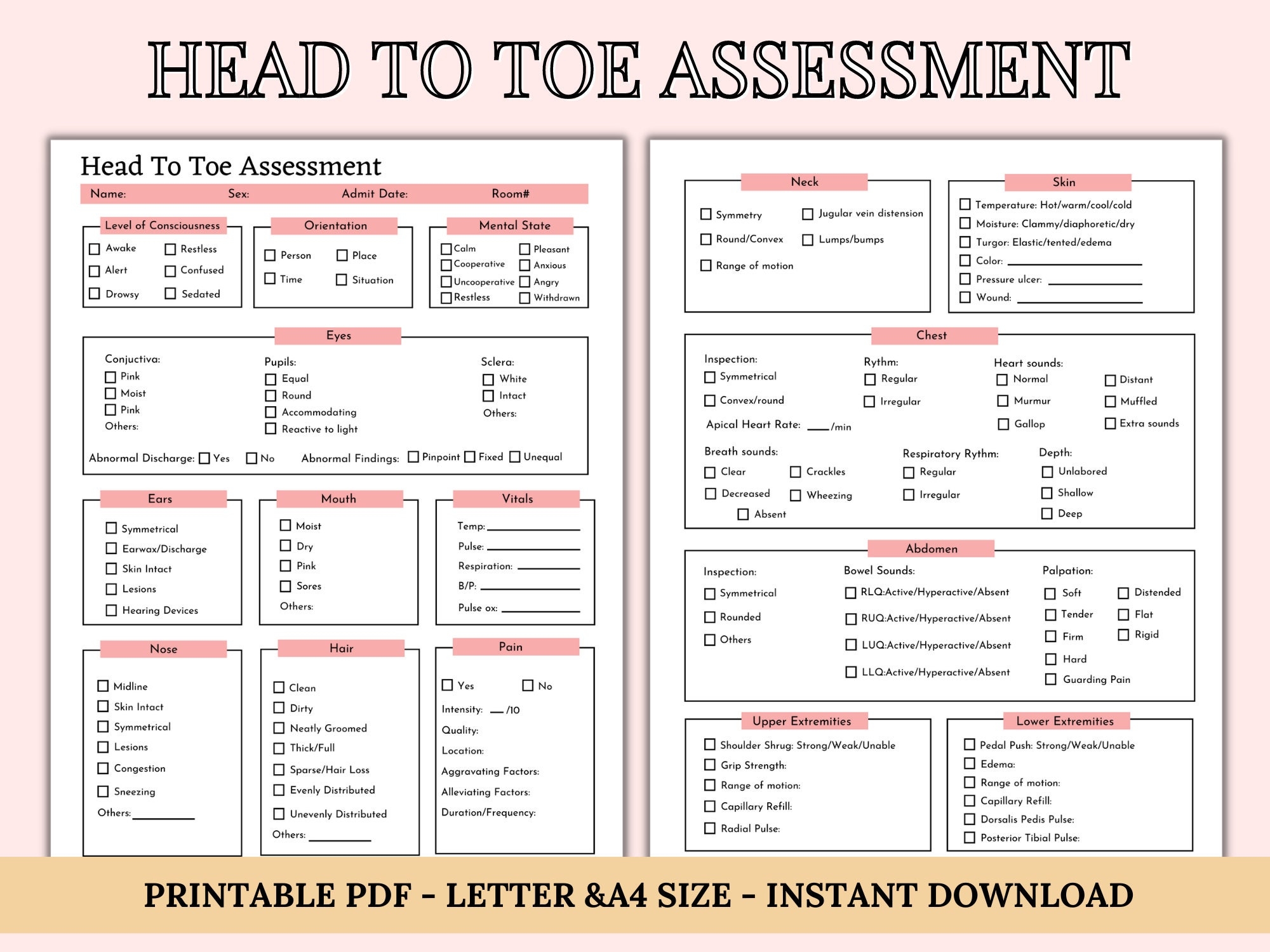 Head To Toe Assessment Template Nursing Checklist Nursing Student Notes Patient Assessment Template Health Assessment Class Etsy