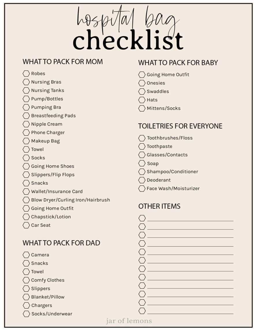 Printable Hospital Bag Checklist For Labor And Delivery
