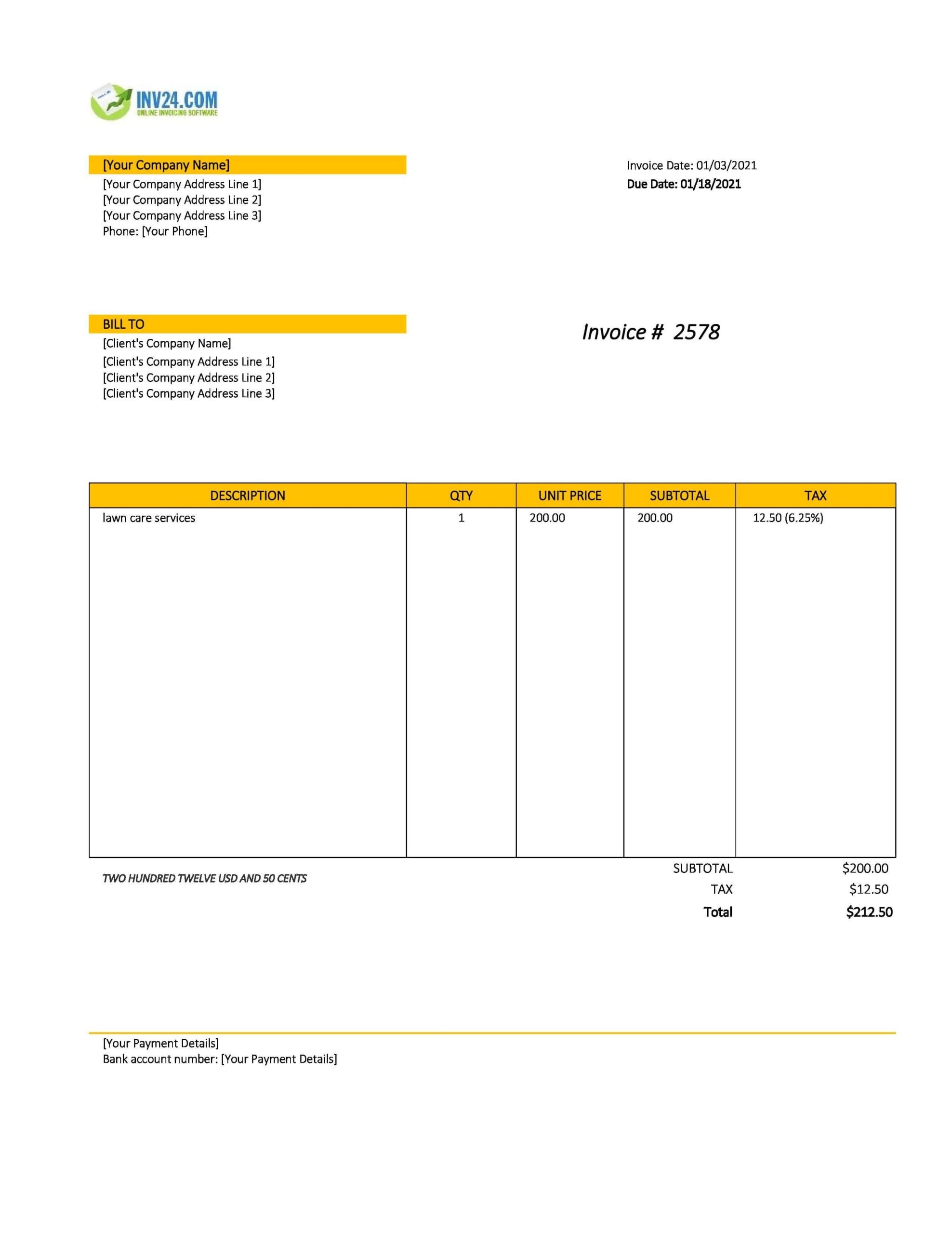 Lawn Care Invoice Template Excel Google Sheets