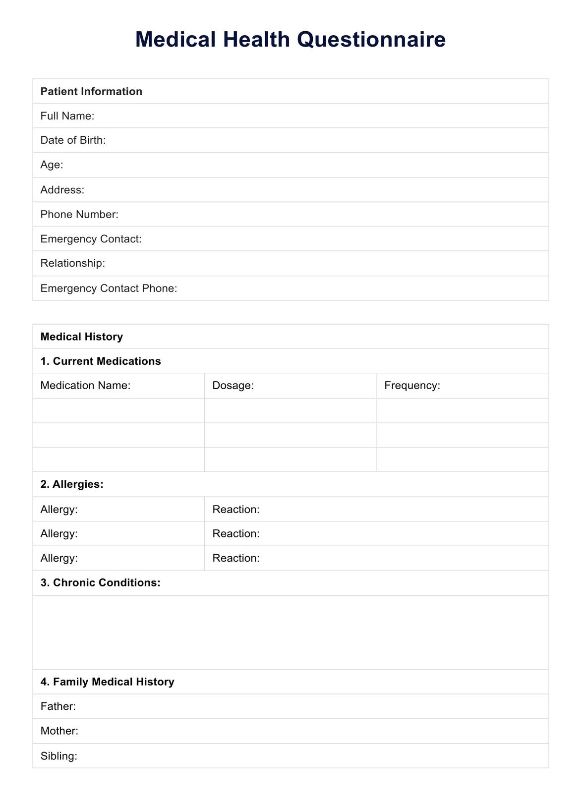 Medical Health Questionnaire Example Free PDF Download