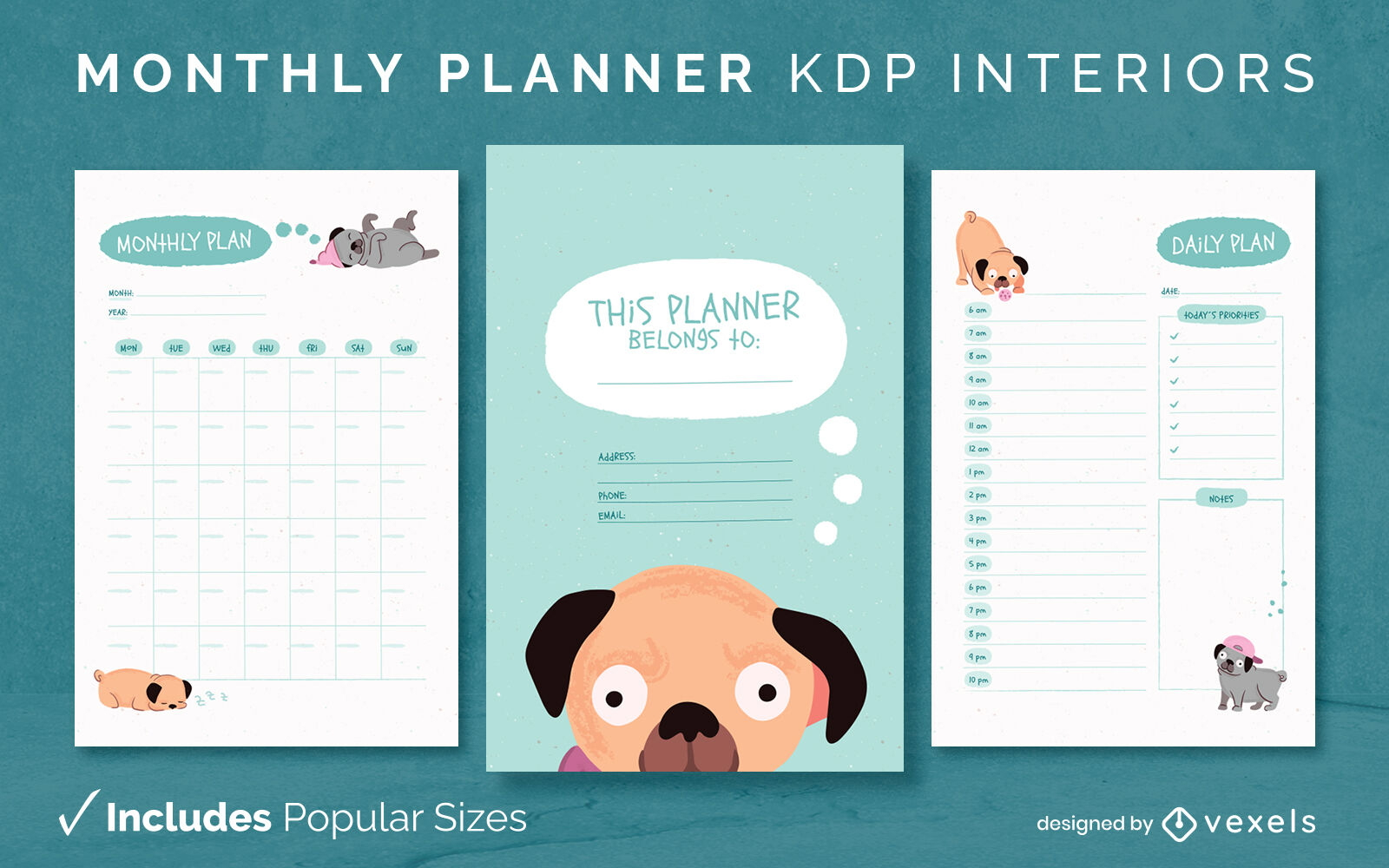 Mops Hund Planer Tagebuch Design Vorlage KDP Vektor Download