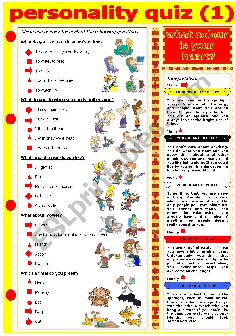 PERSONALITY QUIZ WHAT COLOUR IS YOUR HEART ESL Worksheet By Evadp75