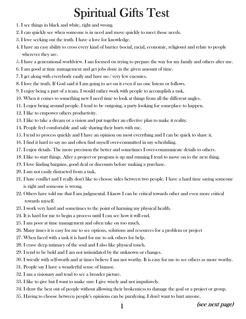 Printable Spiritual Gifts Test For Youth