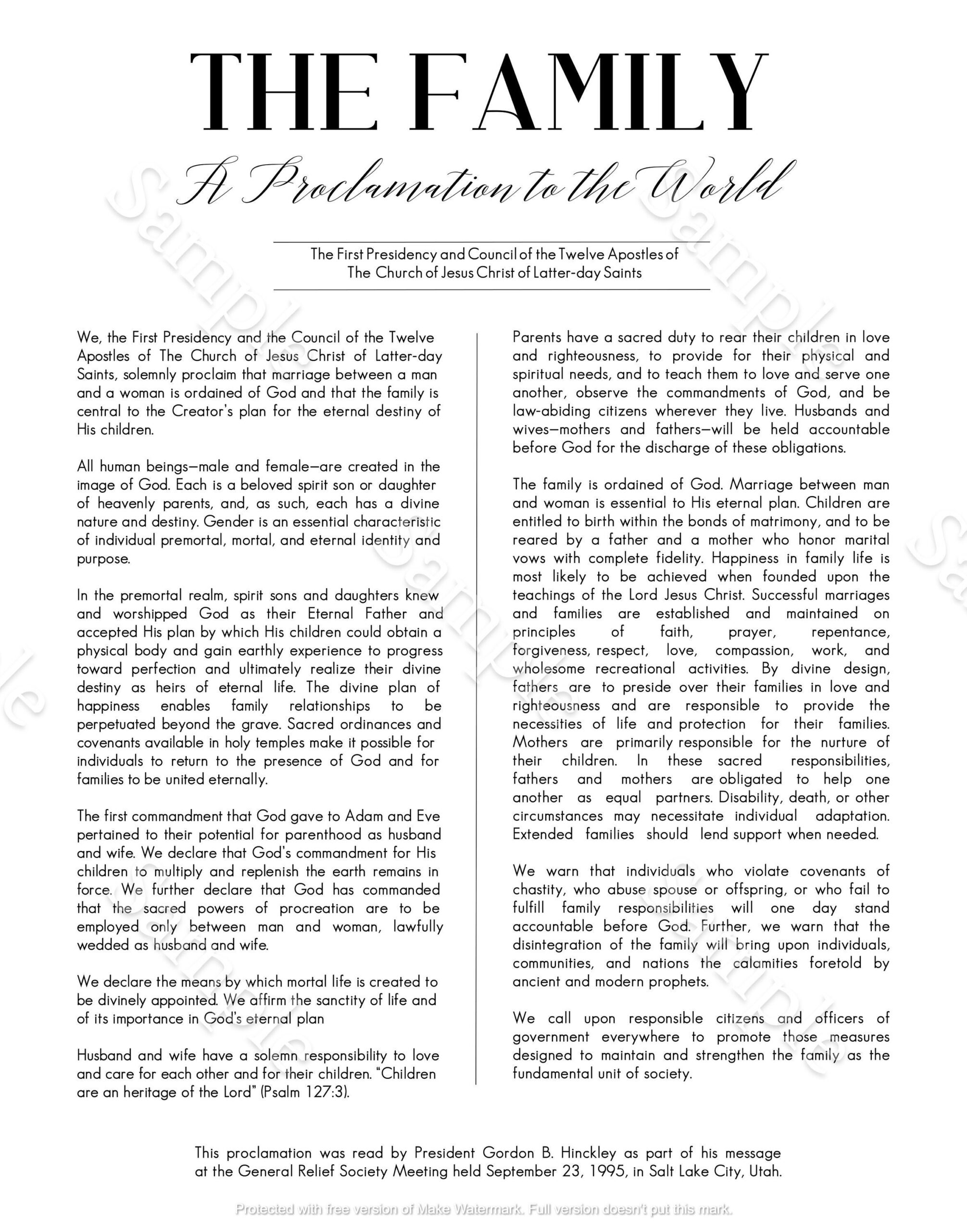 The Family A Proclamation To The World Printable